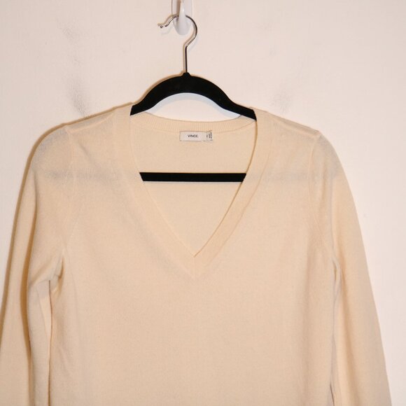 Vince V Neck Sweater Wool Cashmere Blend XS Silk Layered Blouse Hem Beige Tunic - Picture 2 of 6